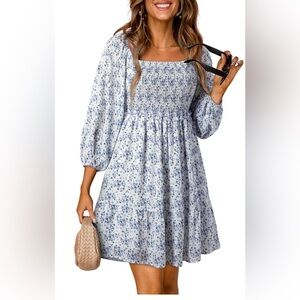Elegant Blue Floral Long Sleeve Dress Size XL